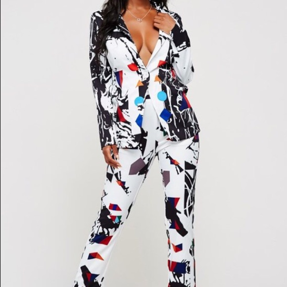 Geometric Abstract Print Blazer Pants Set